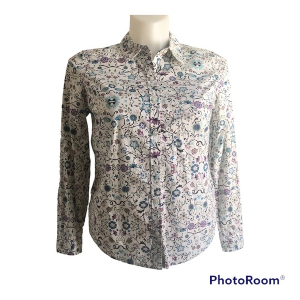 Charter Club Shirt Size 8P Petite Cotton Shirt Tabbed Sleeves Ivory Purple Blue